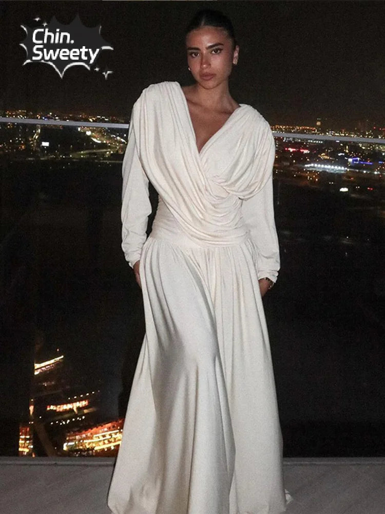 White Cross Pleatedwrap Waist Maxi Dress Women V Neck Backless Long Sleeves Vestidos Fashion Elegant Party High Street Robes - Seprincess