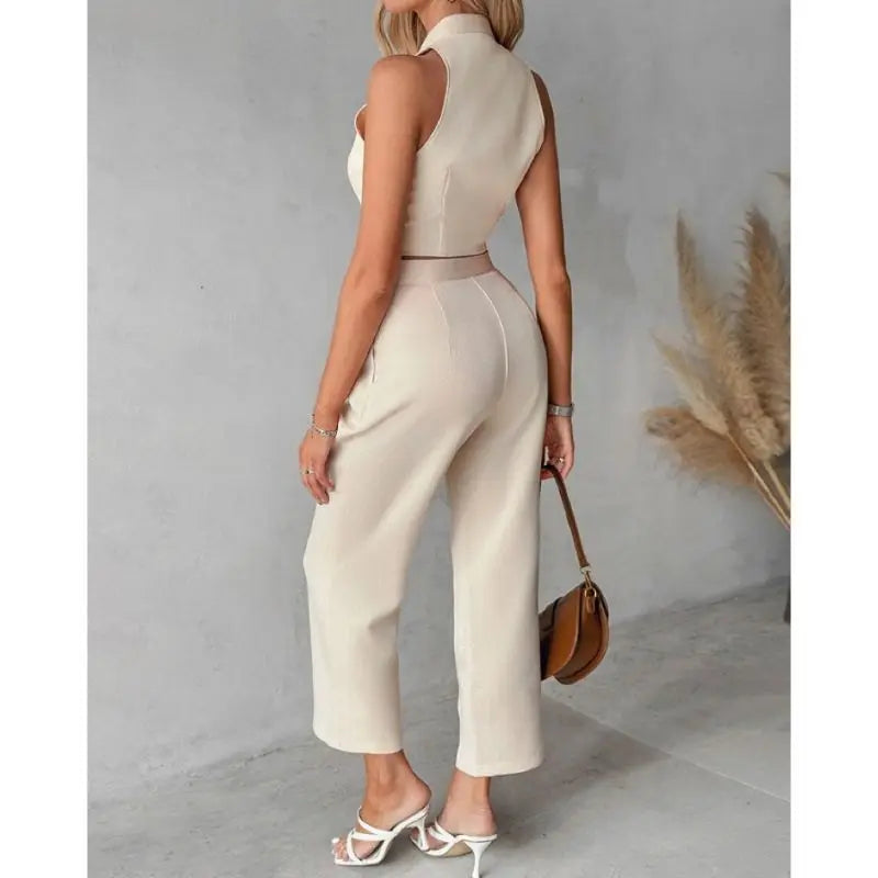 Summer New Solid Color Sleeveless Waistcoat Women Suit Fashion Slim Short Jacket Simple Elegant Female Office Pants 2 Piece Set - Seprincess