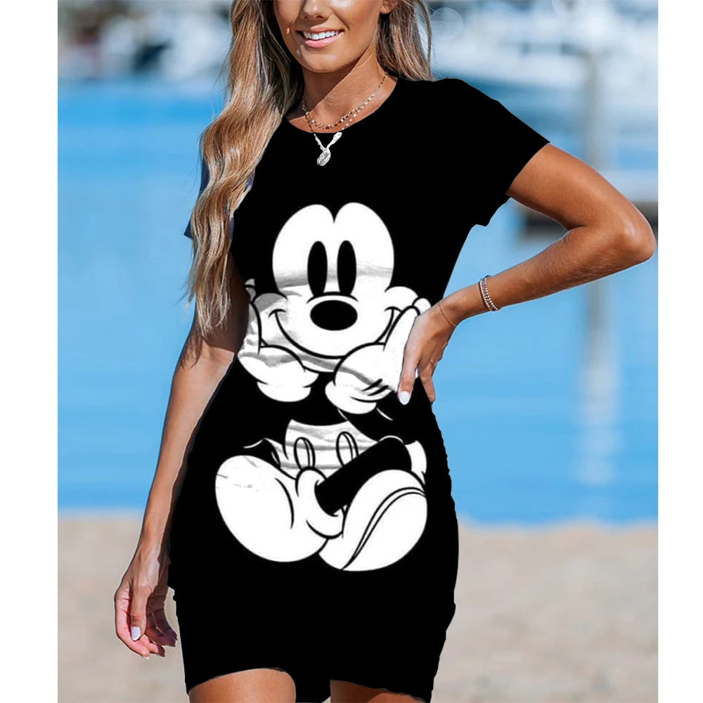 Disney Minnie Mickey Mouse Elegant Pencil Dress Womens Simple Sheath Office Dresses Summer Short sleeve Casual Night Club Dress - Seprincess