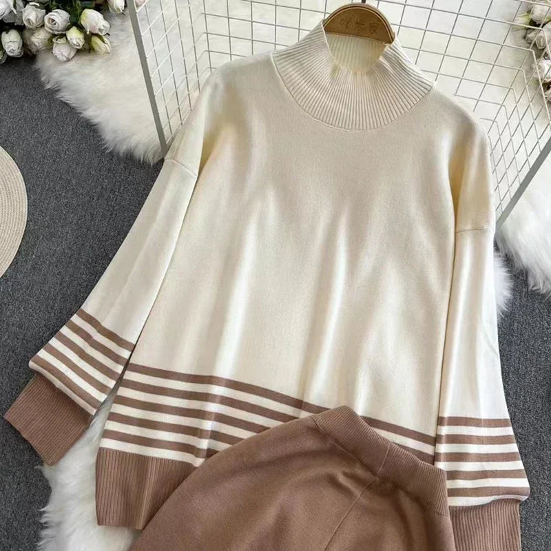 Half High Collar Stripe Stitching Pullover Sweater Womens Korean High Waist Straight Wide Legs Knitted Two Piece Set Sweatshirts - Seprincess