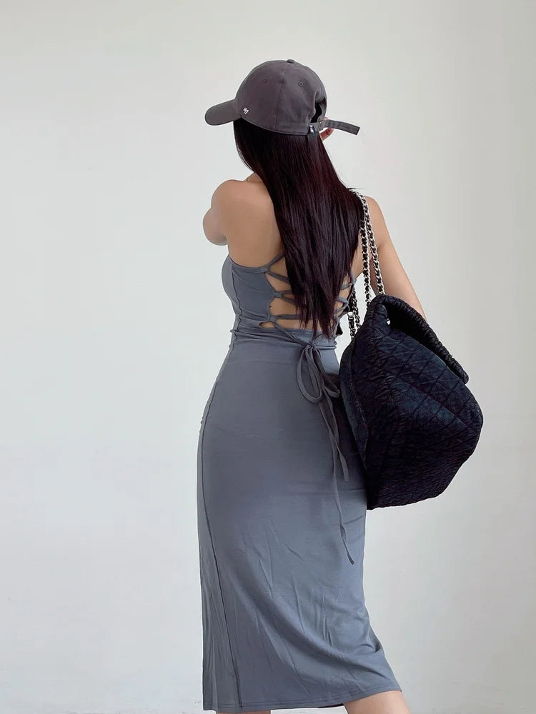 WOMENGAGA Sexy Cross Strap Backless Slim Hip Maxi Dress Nữ Váy dài Váy dây lưng cao Thời trang Áo nữ FU5X