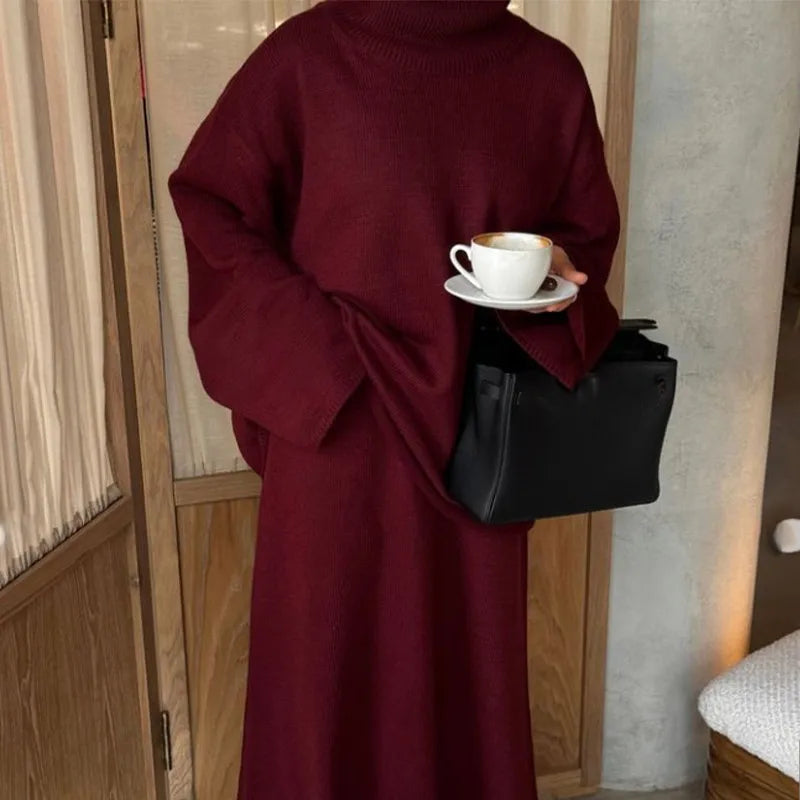 ﻿ Autumn Fashion Burgundy Red High Collar Knitted Set Women Solid Full Sleeve Long Skirt Outfit New Winter High Street Lady Suit - Seprincess