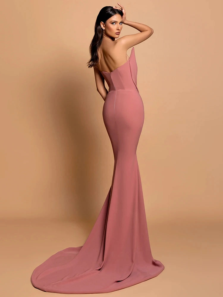 Sexy Strapless V Neck Hollow Out Rhinestone Maxi Dress Women Pink Velvet Sleeveelss Diamonds Slim Long Dresses Cocktail Party - Seprincess