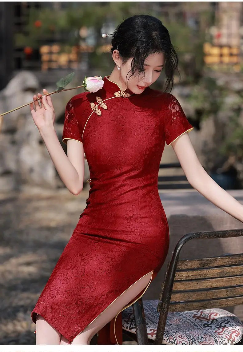 New Arrival Cheongsam Dress Red Jacquard with Improved Design Perfect for Wedding Bridal Party Banquet Dinner - Seprincess