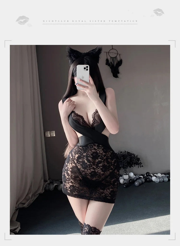 lingerie Lace hollowed out deep V-cross backless underwear women sexy lingerie woman sex outfit Women's pajamas - Seprincess