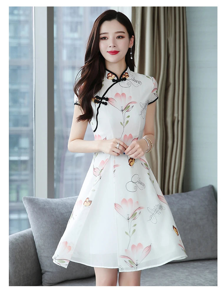 2023 Summer New Modern Improved Cheongsam Chiffon Printing Vintage Traditional Chinese Style Slim Qipao Dress - Seprincess