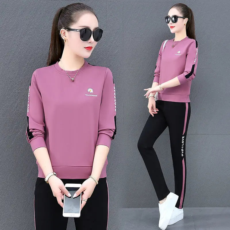 2022 Summer New Daisy Loose Pants Suit Women's Track Korean Version Splicing Long Sleeved Top and Trousers Two Piece Set - Seprincess