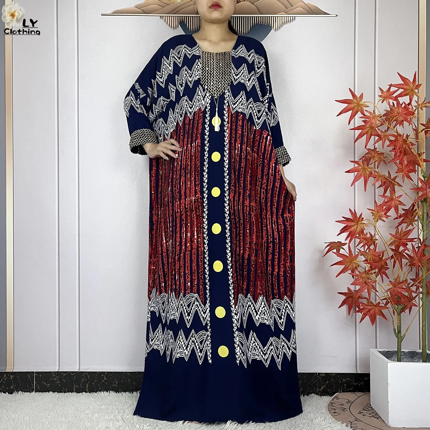 2024New Dubai Party Dress Muslim Femme Long Sleeves Printing Sequins Loose Boubou Maxi Islam Women Cotton African Abaya Clothing - Seprincess