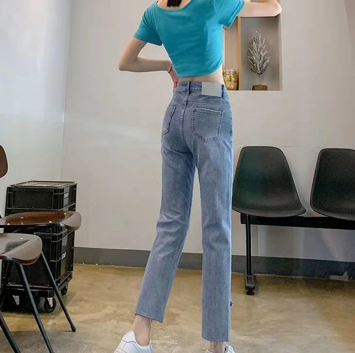 Pearl with Decorations Trousers Blue Cropped Straight Leg Women's Jeans Black and Capris High Waist Shot Short Japanese Y2k A R