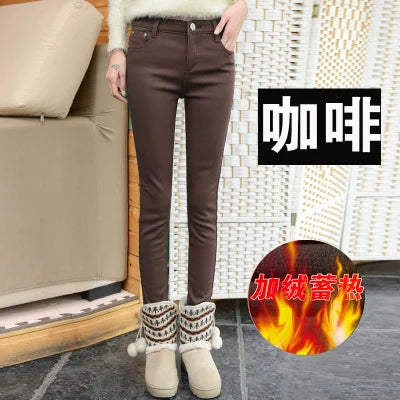 Korean Fashion Velvet Stretch Skinny Pant Women Mid Waist Warm Vaqueros Office Fleece Trousers Candy Colors Thick Winter Jeans