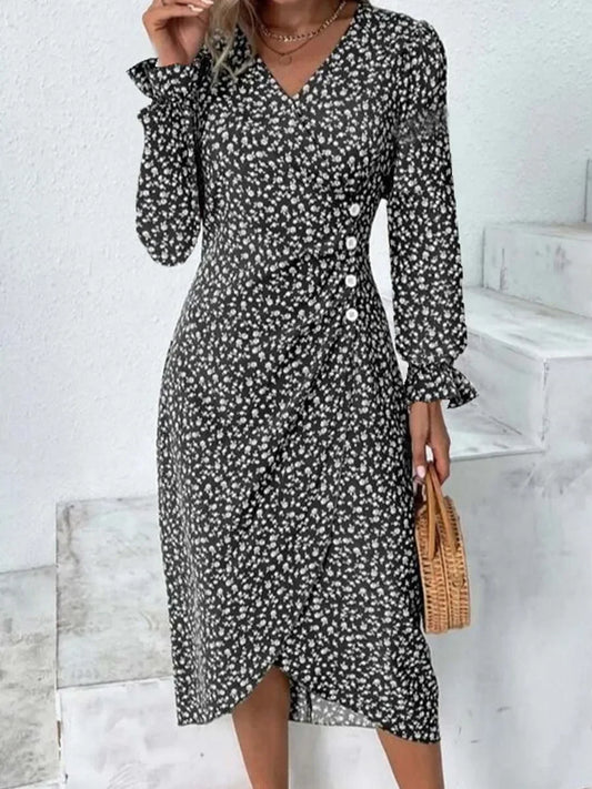 Spring Floral Bodycon Midi Dress For Women V Neck Long Sleeve Ruched Slim Fit Dresses Female Sexy Vestido Robe - Seprincess