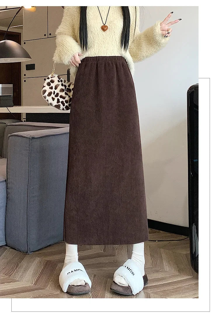 Thickened Fleece-Lined Corduroy Skirt Women's Autumn/Winter 2024 New Medium-Length A- Line Skirt With Side Slit High-Waisted