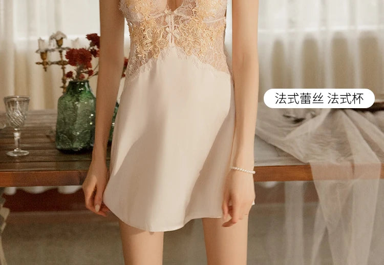 Eyelash Lace Satin Stitching Nightgown Lady Patchwork Date Romantic Lingerie Beauty Back Sleepshirts Sexi Sweet Honeymoon Nighty - Seprincess