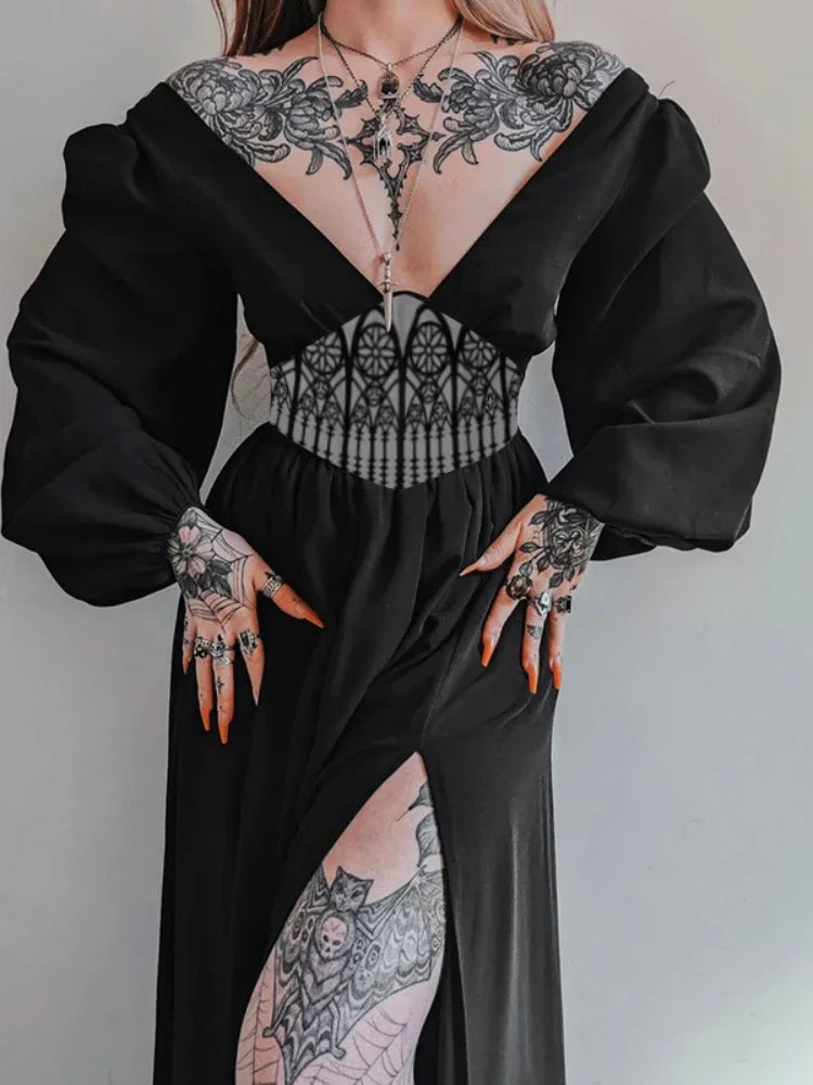 Fashion Hipster Slim Print Waist Big V-neck Dress Woman Halloween Party Black Dress Mysterious Witch Renaissance Daily Cosplay - Seprincess