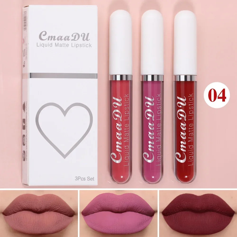 3Pcs/Set Waterproof Matte Nude Lip Gloss Brown Nude Pigment Dark Red Long Lasting Velvet Liquid Lipstick Women Makeup Lip Glaze - Seprincess