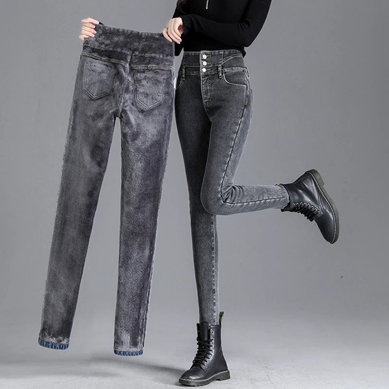 Winter Women Thick Velvet High Waist Skinny Jeans Simple Warm Fleece Slim Fit Stretch Trousers Casual Ladies Denim Pencil Pants