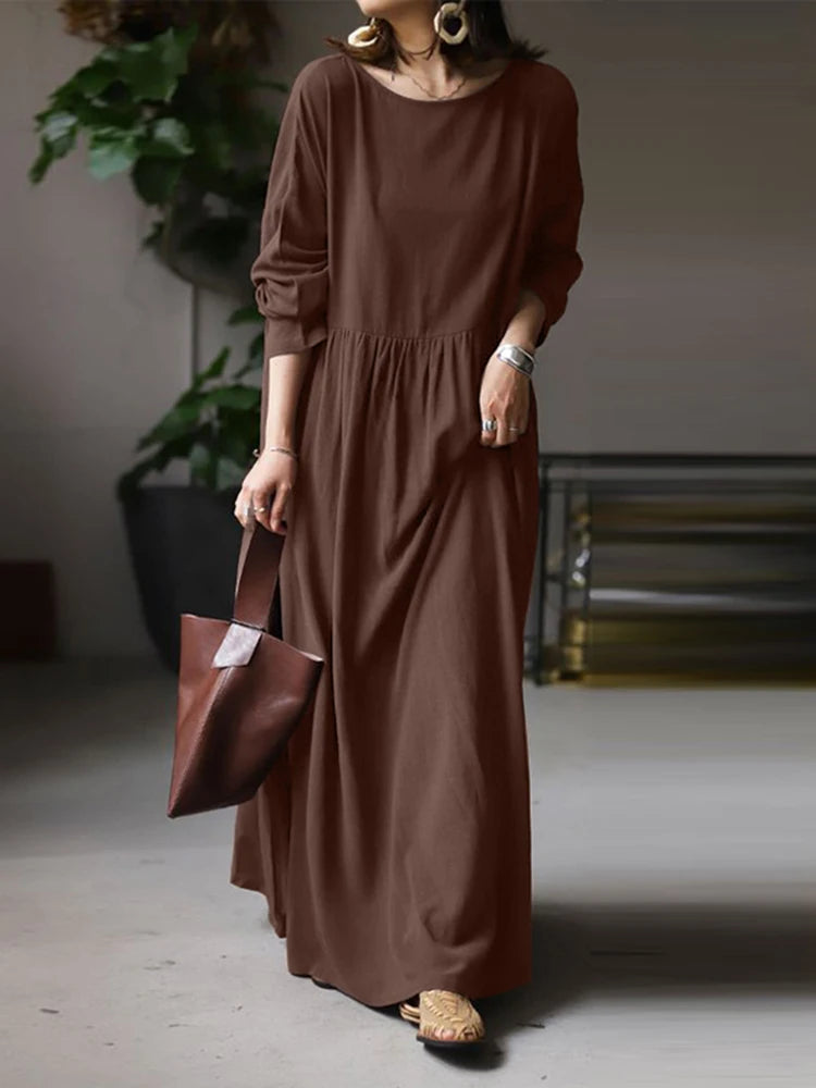 Autumn Women Sundress ZANZEA 2023 Vintage Solid Dresses Female Cotton Robe Casual Long Sleeve Pleated Maxi Vestidos Kaftan - Seprincess