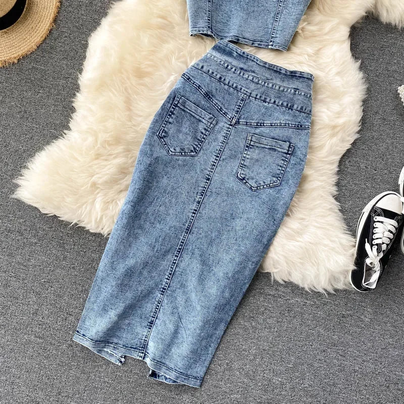 Denim Skirt Set Women Sexy Camisole Tops + High Waist Denim Pencil Skirt 2Pcs Suit Fashion Female Summer Slim Bodycon Suits - Seprincess