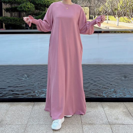 Under Abaya Inner Long Slip Dress Solid Color Smocked Cuffs Islamic Clothing Muslim Woman Casual Dubai Turk Modest Hijabi Robe - Seprincess