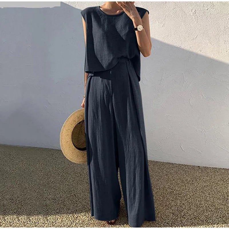 Elegant Cotton linen Women Suit Casual Loose Two-piece Sleeveless Top Wide-leg Pants Outfits Female Summer Solid Elegant Sets - Seprincess