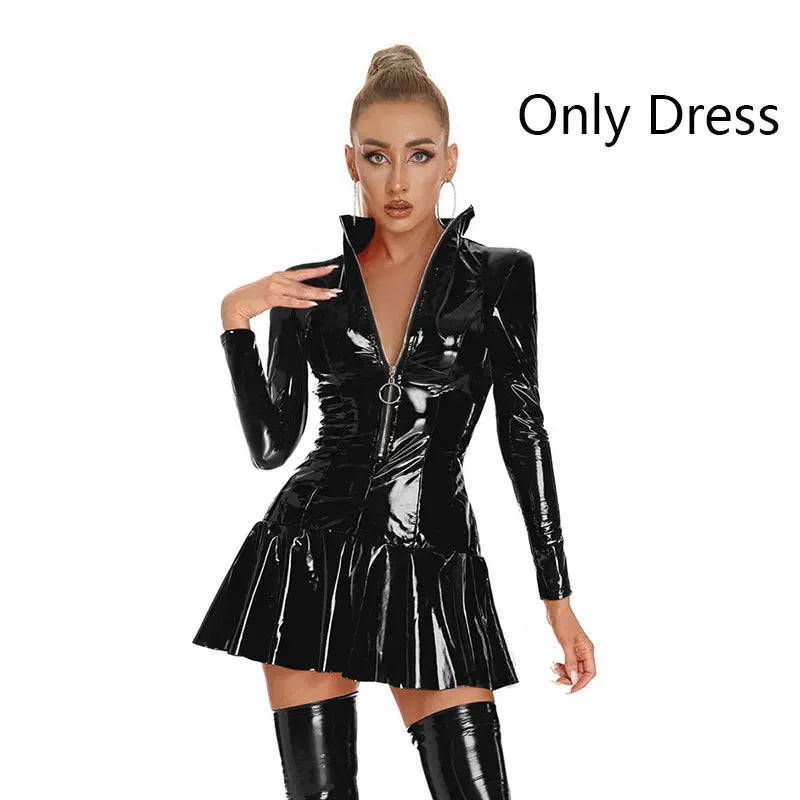 Women's Wet PVC Leather Tight Bodycon Mini Dress Latex Hollow Zipper Stand Up Collar A-Line Mini Pleated Skirt Latex Dresses - Seprincess