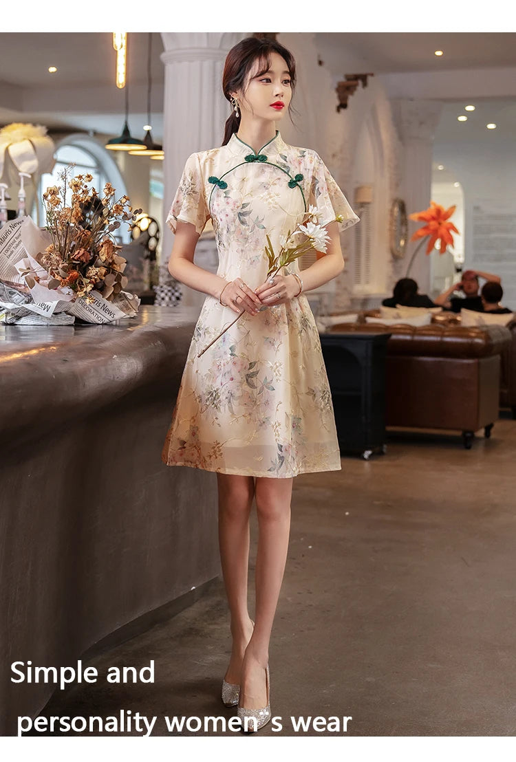 New Style Summer Improved Chiffon Cheongsam Women' Elegant Chinese Traditional Short Sleeve Qipao Dress Modern - Seprincess