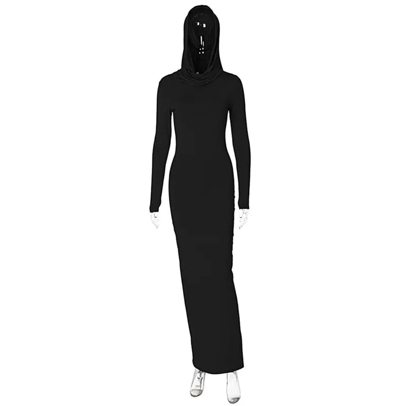 Simenual Solid Casual Hooded Long Sleeve Maxi Dress Fashion Elegant Women Hem Split Bodycon Dresses Y2K Basic Trim Streetwear - Seprincess