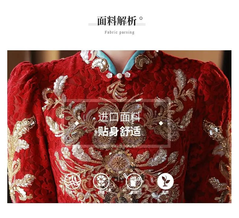 Toast Bride Wedding Dress Luxury Sequin Qipao Long Chinese Women Traditional Vintage Cheongsam Dresses Evening Gown China - Seprincess