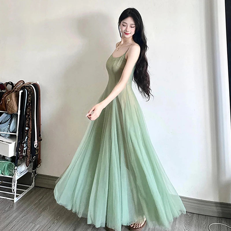 Women Mesh Spaghrtti Strap A-line Holiday Seaside Summer Princess Long Dress - Seprincess