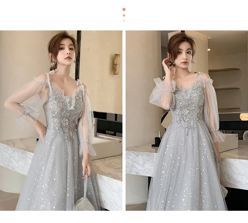 Grey Bridesmaid Dresses Elegant Women Applique Off The Shoulder Floor Length Tulle Wedding Party Dress Formal Prom Gowns - Seprincess