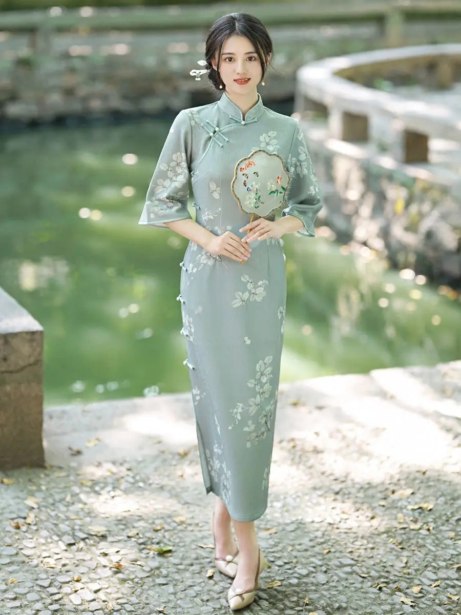 New Summer Vintage Elegant Cheongsam Chinese Traditional Qipao Mid Sleeve Dress for Women Clothing - Seprincess