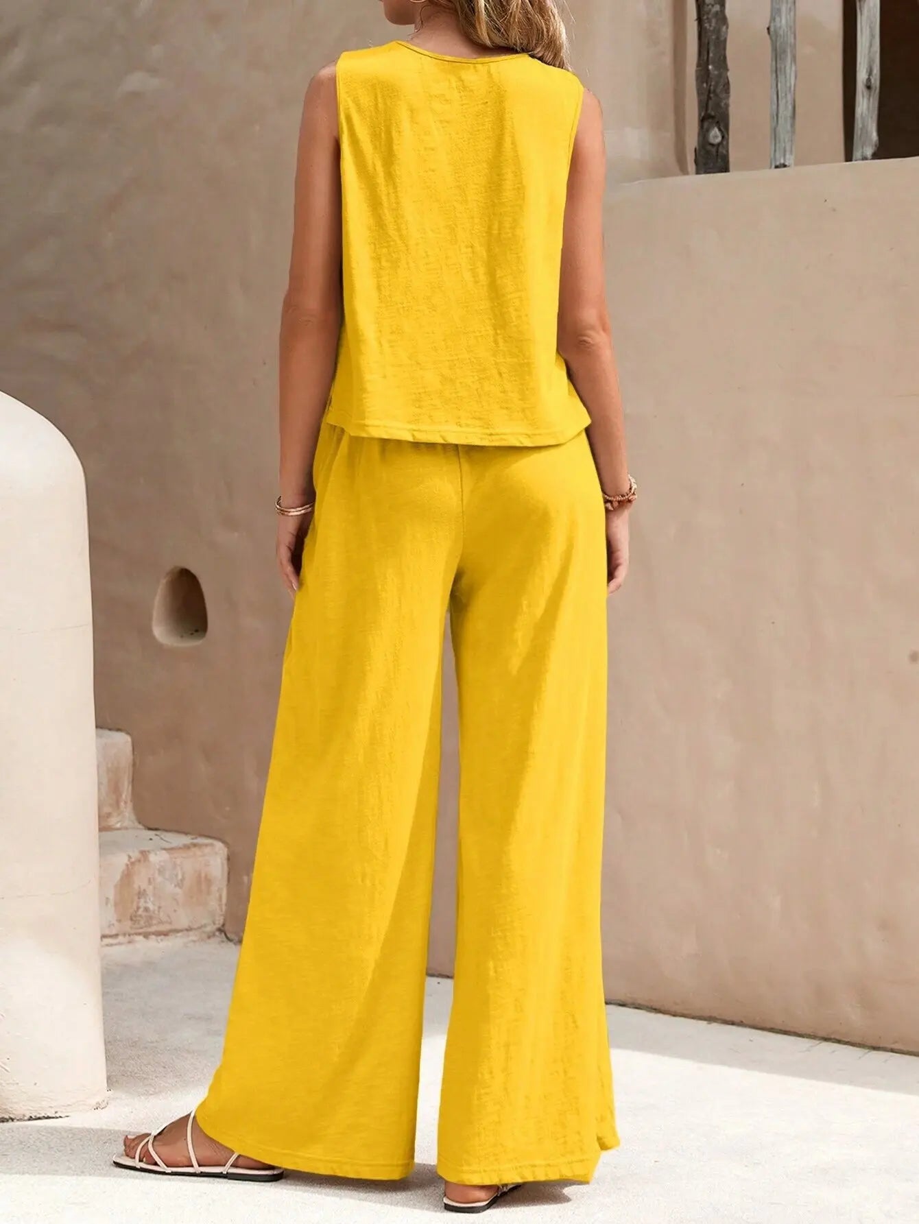 Women's Set 2024 Summer New Yellow Round Neck Sleeveless Shirt Wide Leg Pants Two Piece Set For Women Versatile Casual Outfits - Seprincess