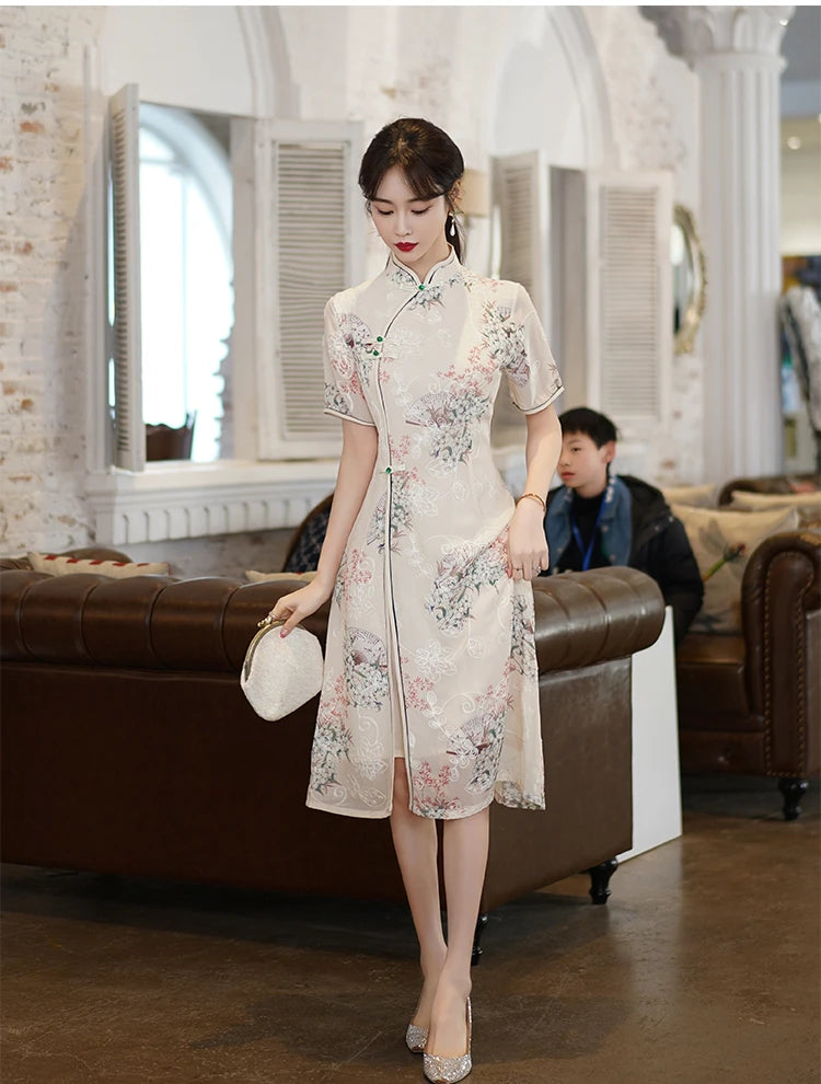 Retro Traditional Chinese Short Sleeve Cheongsam Clothing for Women Summer Modern Elegant Qipao Evening Dress - Seprincess