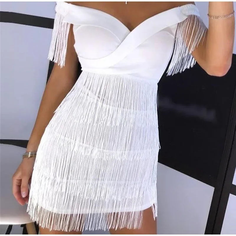 Sexy Sleeveless Bodycon Dress Women White Off Shoulder Tassel Female Short Dresses 2023 Summer Party Club Bandage - Seprincess