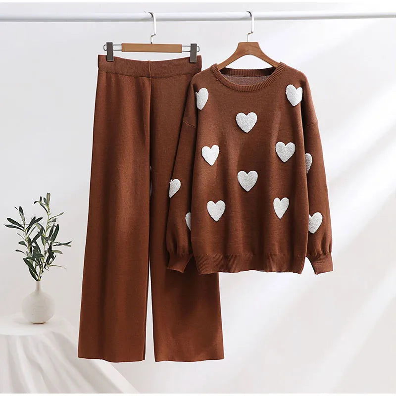 Casual Knitted Sweater Long Pants Woman's Set Loose Love Printed Pullover Sweaters High Waist Pant Sets Female Chic Outfits - Seprincess