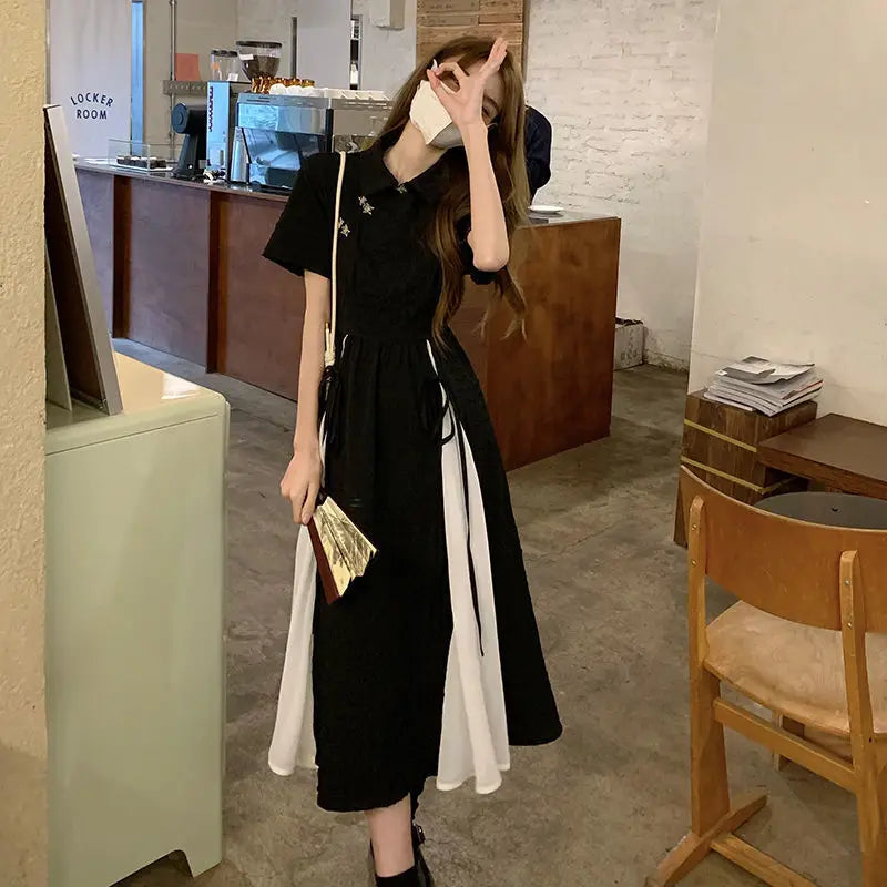 2023 New Chinese Style Dress Balck Qipao Elegant White Black Patchwork Cheongsams Youth Girl Vestidos Long Dresses Qipao - Seprincess