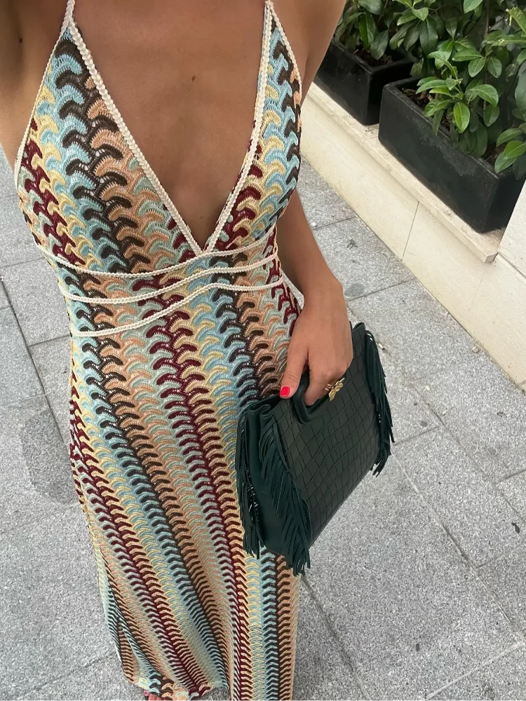 Sexy Contrast Striped Knit Halter Dress Women Fashion Loose Backless Maxi Dresses Summer Chic Female Beach Party Vestidos - Seprincess