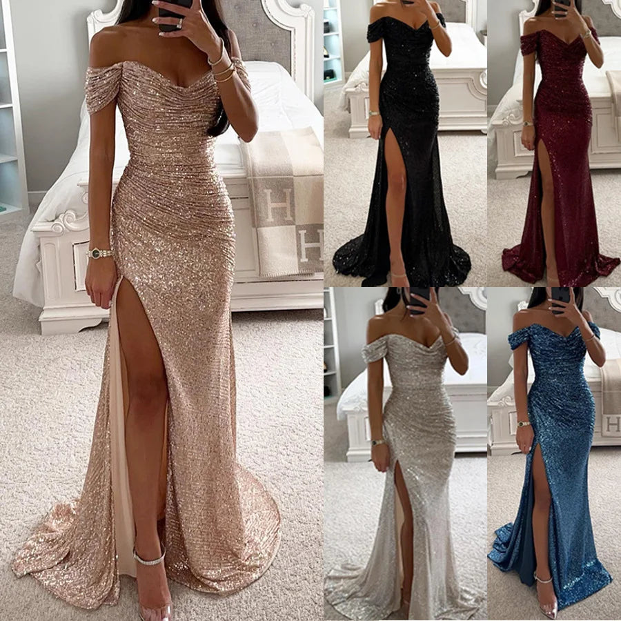 2024 New Party Dresses Sequins One Neck Split Casual Fashion Dresses for Female Long Dresses Women's Clothing Vestidos Largos - Seprincess