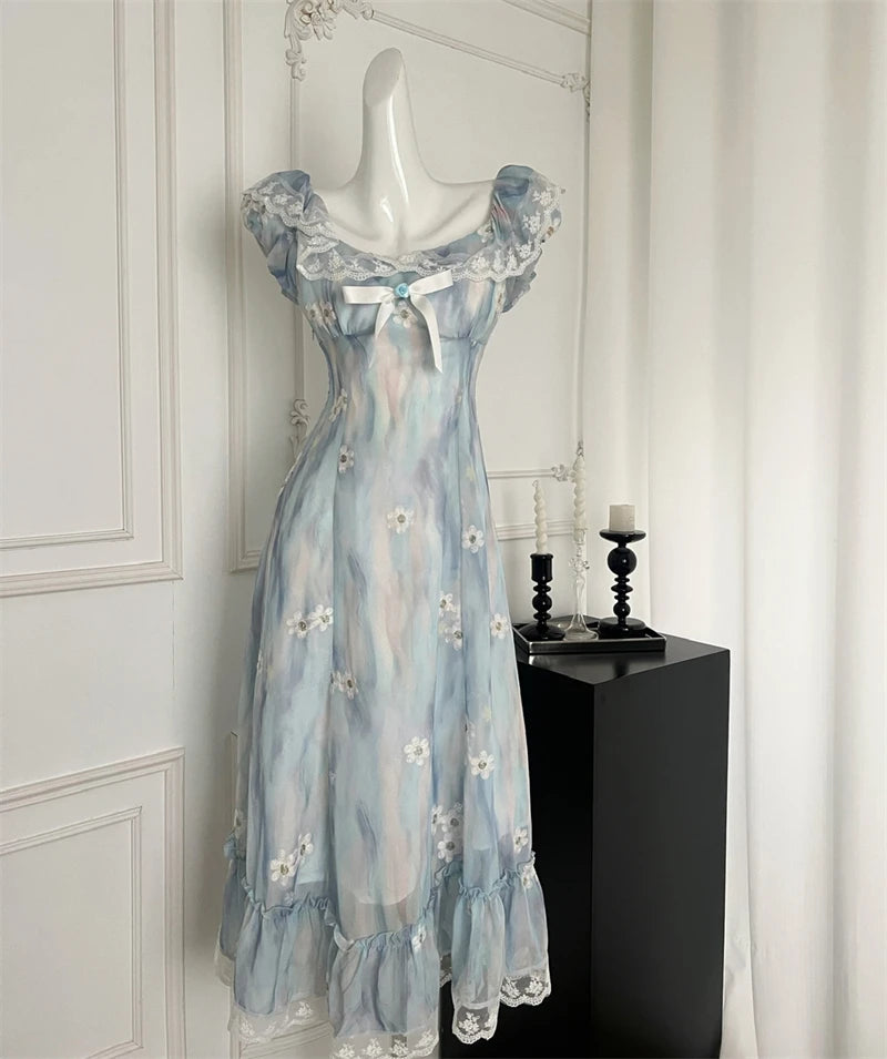 Women Blue A-line Lace Bow Dress Vintage Elegant Sleeveless Kawaii Flower Print Dresses Y2k One Piece Frocks 2000s Clothes 2024 - Seprincess