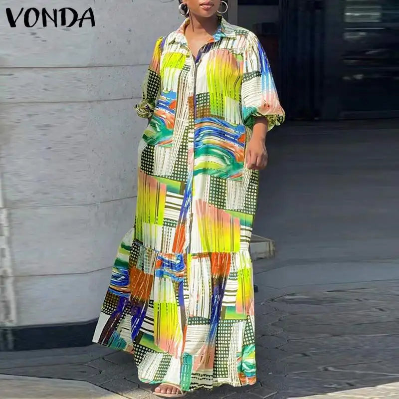 VONDA Plus Size Bohemian Printed Dress 2024 Autumn Women Elegant Long Sleeve Vintage Maxi Sundress Casual Buttons Loose Robe 5XL - Seprincess