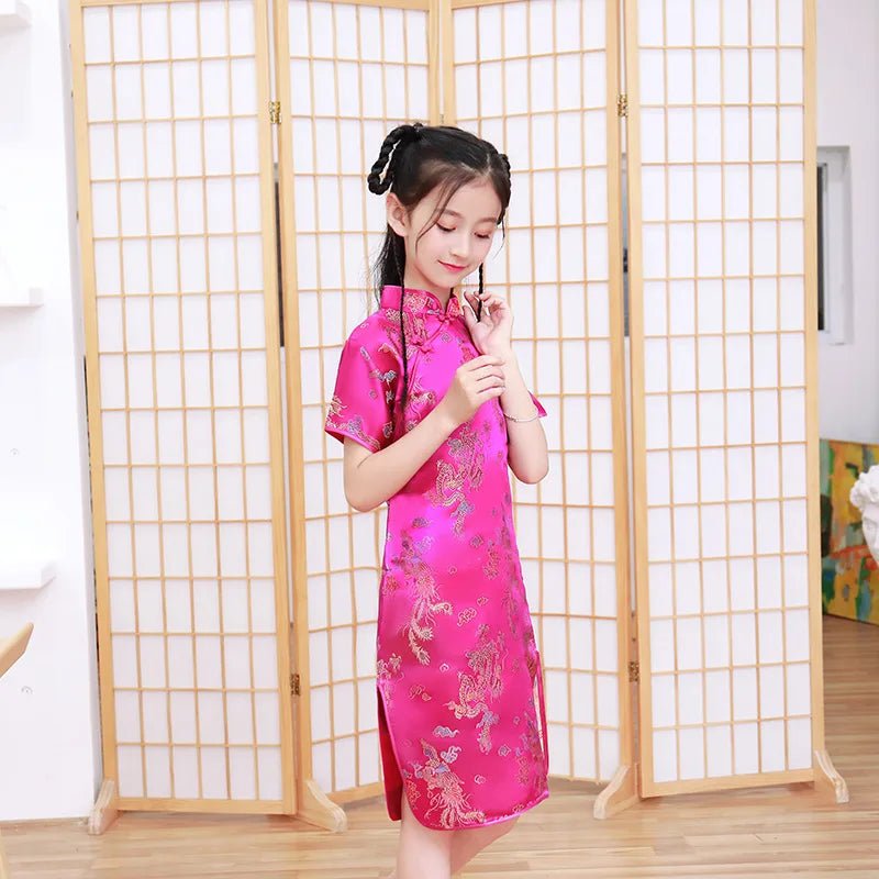 Summer Children Cheongsam Dragon Phoenix Embroidery Qipao Princess Dress Chinese Style Dresses New Year Qipao Gift Tang Clothes - Seprincess