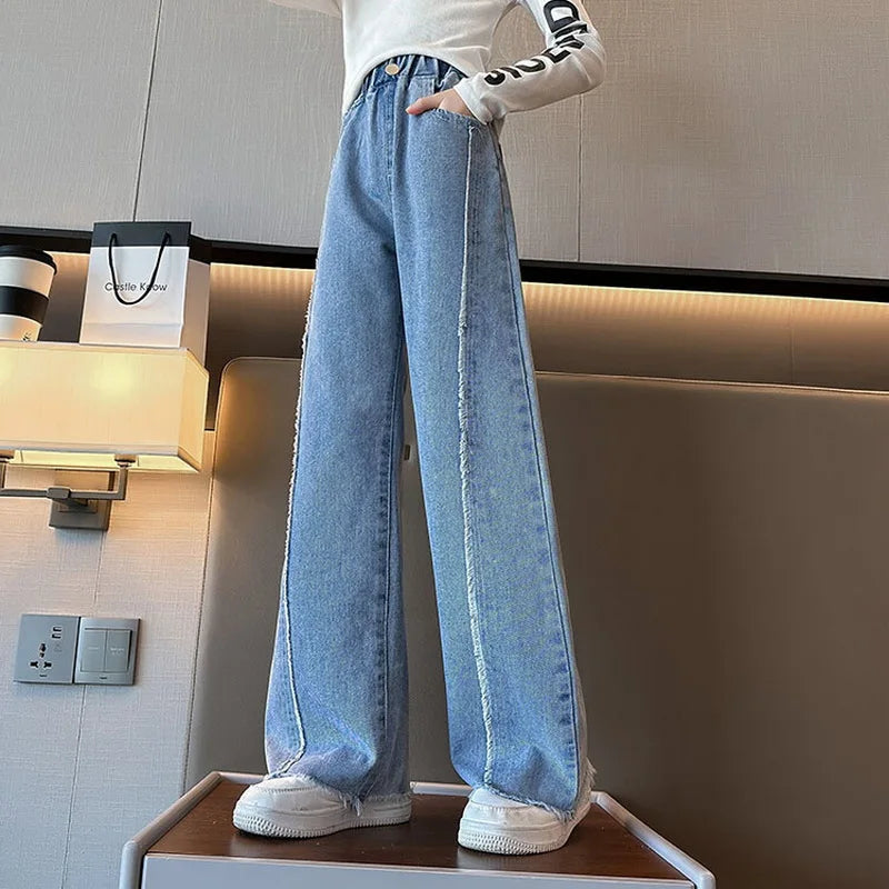 Teenage Jeans for Girls 2024 Spring Summer Casual All-match Loose Kids Leg Wide Pants School Children Trousers 4-16 Years