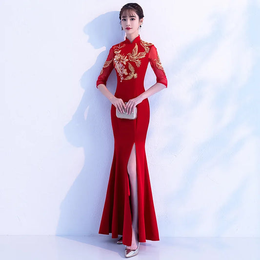 Women Elegant Mandarin Collar Bridal Wedding Dress Sexy Slim Front Split Novelty Cheongsam Exquisite Appliques Trim Long Qipao - Seprincess