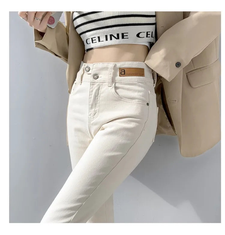 FINEWORDS Slim Skinny Beige Jeans Women High Waist Vintage Push Up Jeans Easymatch Streetwear Korean Denim Ankle-Length Pants