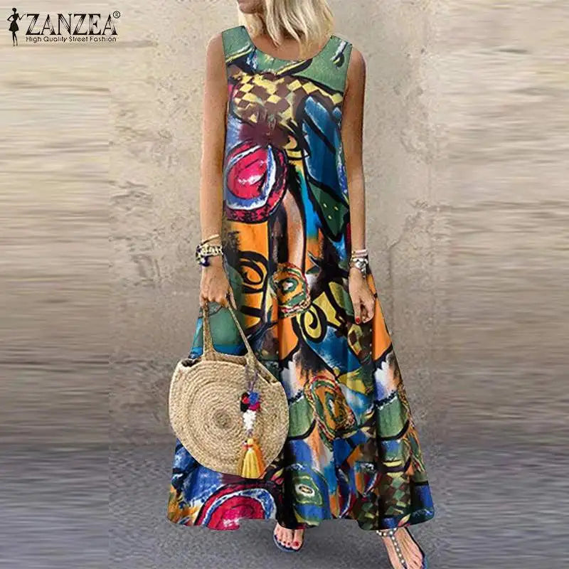 ZANZEA Women Bohemian Summer Dress Causal Sleeveless Floral Printed Sundress Robe Femme Vintage Kaftan Beach Vestido Sarafans - Seprincess