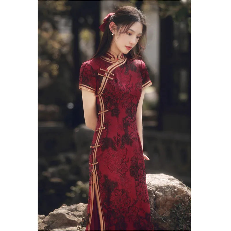 Wine Red Long Short Sleeves Cheongsam 2023 New Improved Young women Summer Silk and Satins Fashion One Piece Chinese Qipao Dress - Seprincess