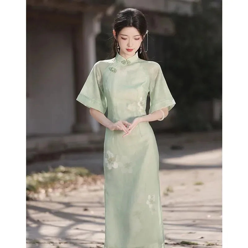 2023 Beige Improved Embroidery Cheongsam Vintage Elegant Dress Trumpet Sleeve Slim-fit Mid Long Qipao Traditional Chinese Dress - Seprincess