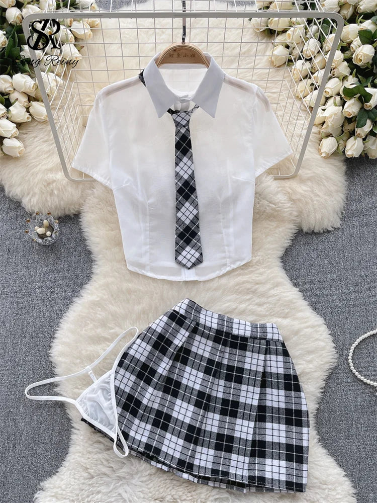 SINGREINY Plaid JK Uniform Erotic Suits Lingerie Female Short Sleeve Blouses+Pleated Skirts Suits Women Cosplay Sheer Sexy Sets - Seprincess