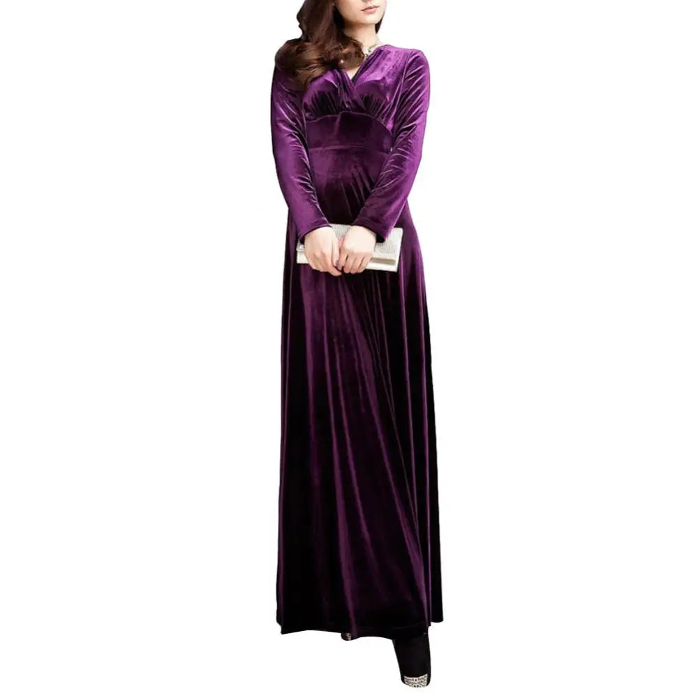 Vintage Women Autumn Long Sleeve V Neck Pleated Velvet Banquet Party Maxi Dress Party Wedding Elegant Evening dress? - Seprincess