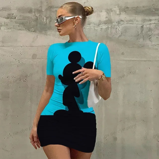 Elegant Dresses for Women 2023 Top Sexy Slim Fit Tight Women's Dress Casual Disney Mickey Mouse Print Cartoon Fashion Print - Seprincess